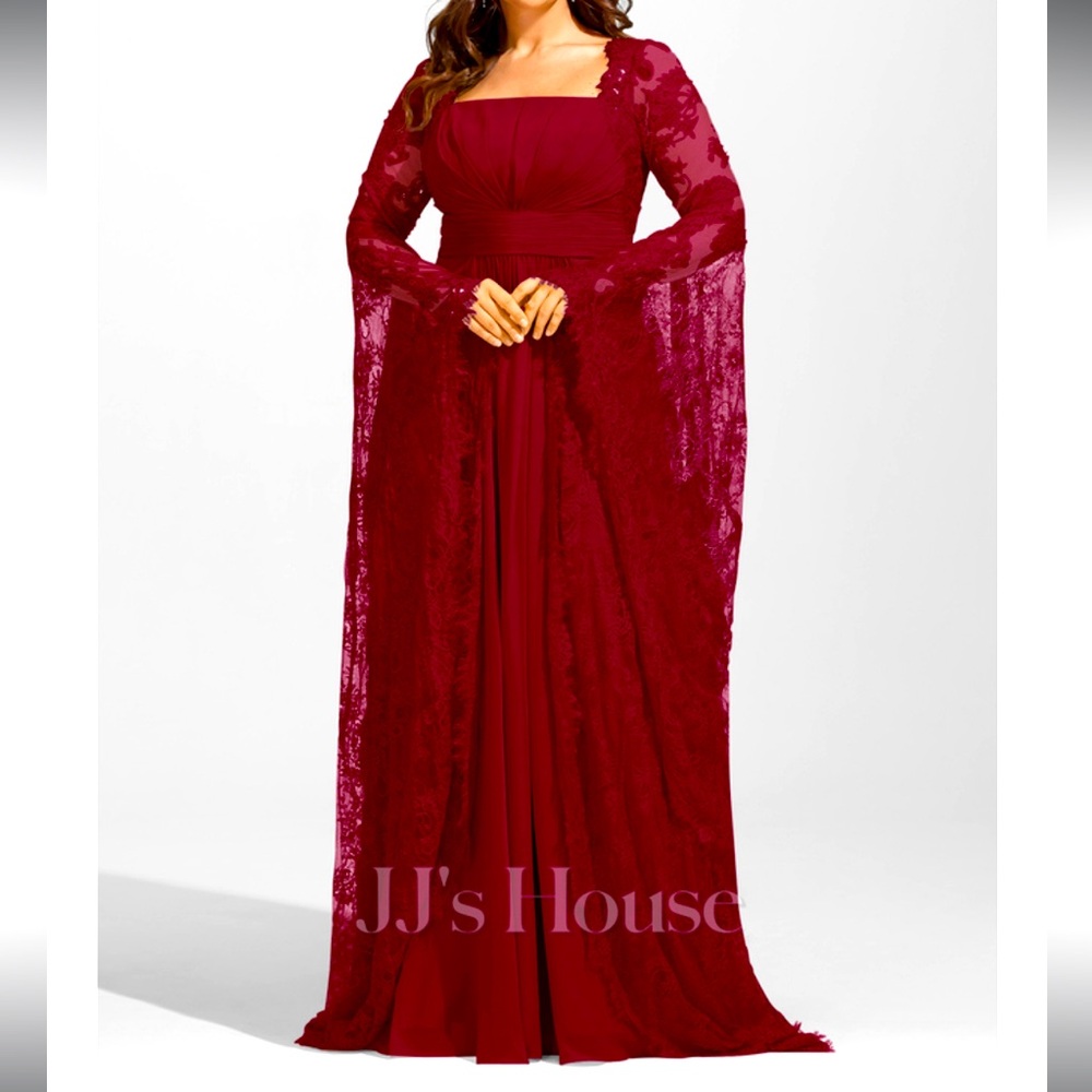 JJs House Burgundy Lace Sleeve Maxi Dress